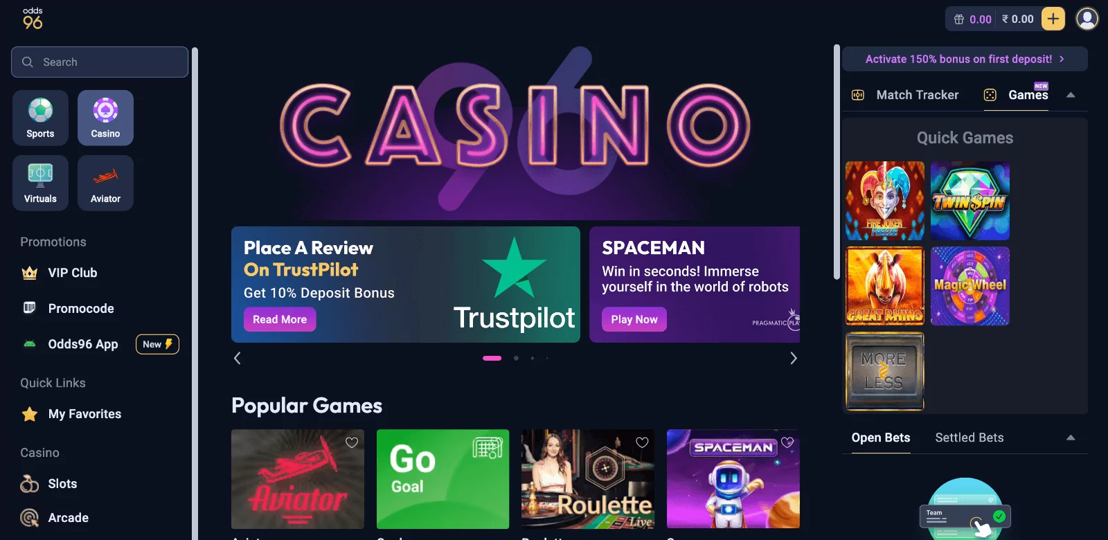 Casino section at Odds96 website in India