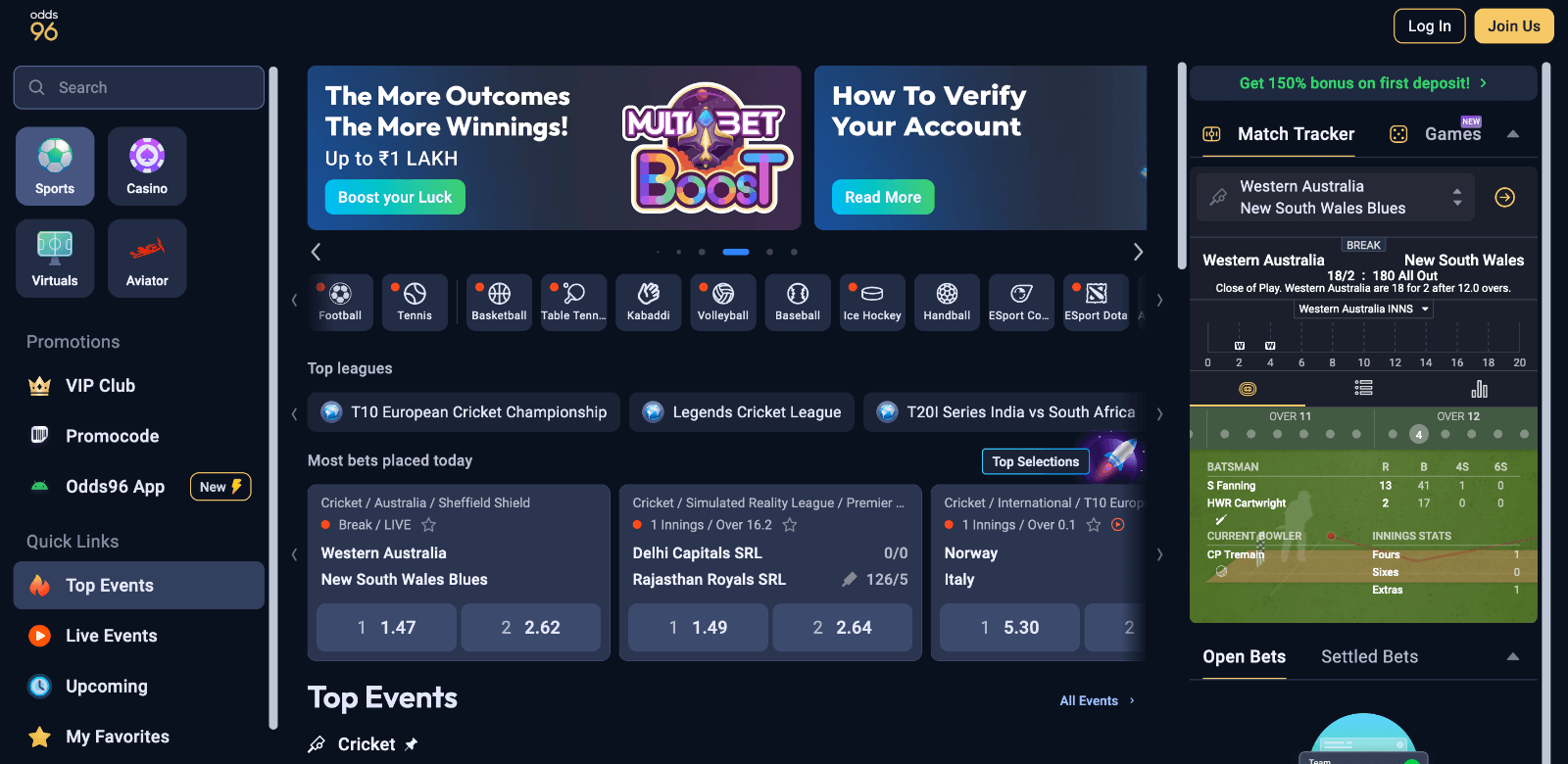 Home page of Odds96 site in India