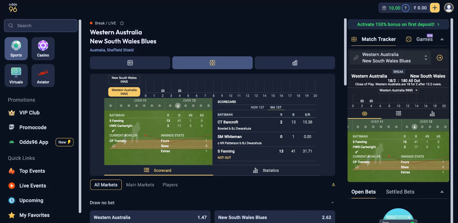 Match and odds at odds96 website