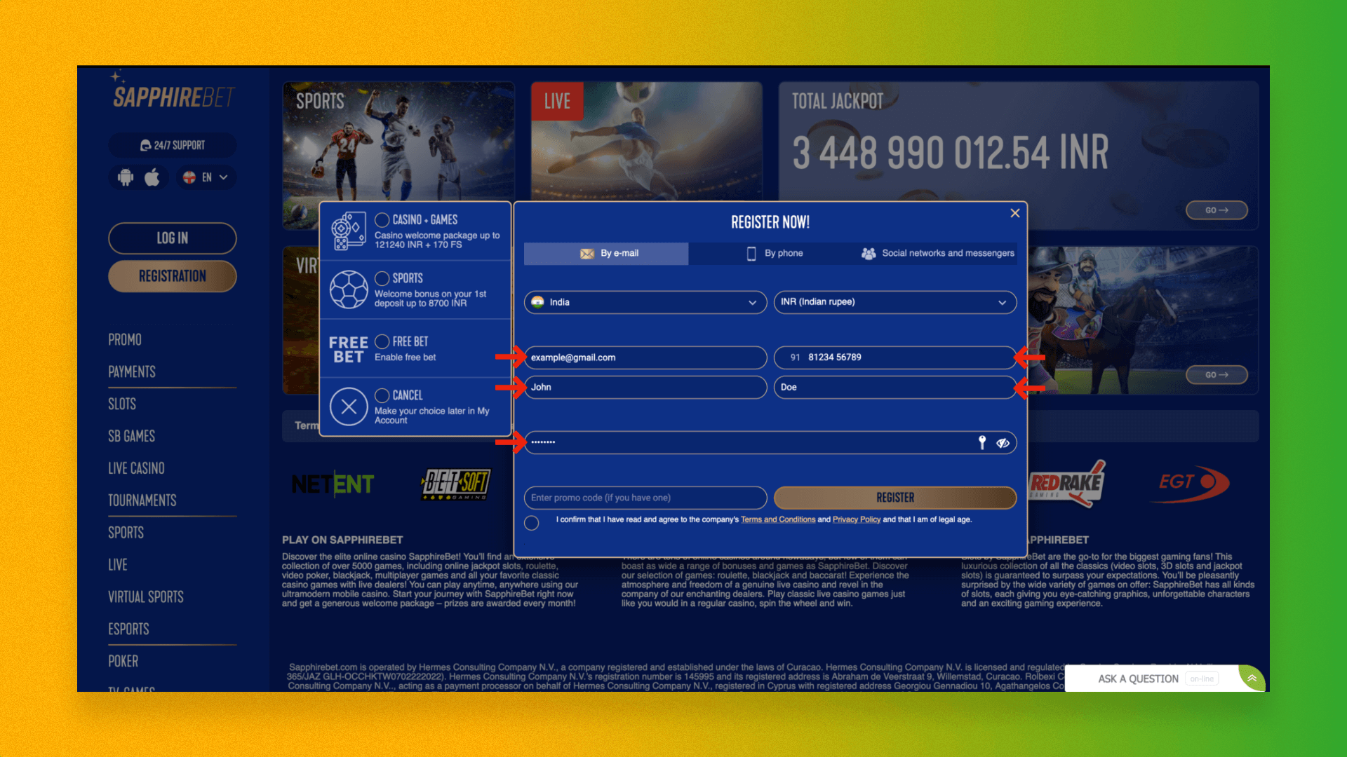 During registration for the Sapphirebet welcome bonus you need to fill in the required fields