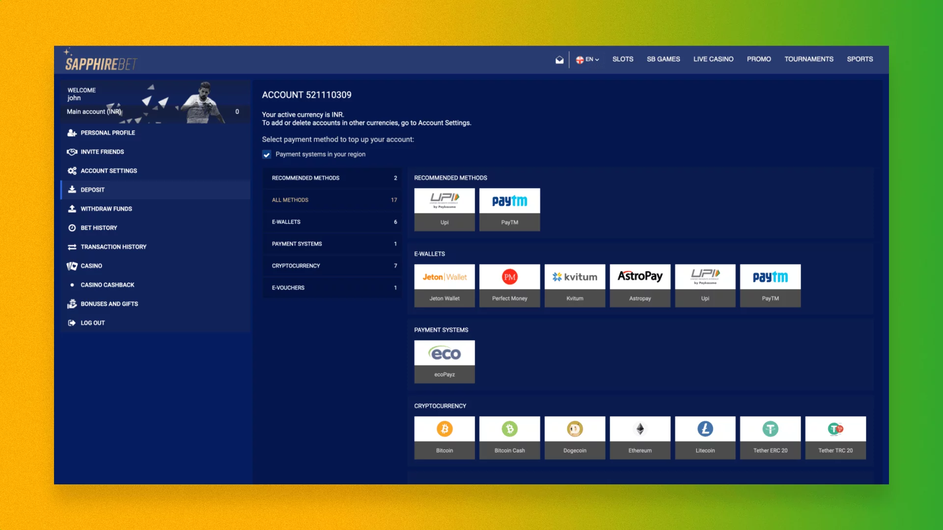 Make a deposit on Sapphirebet in any way convenient for you