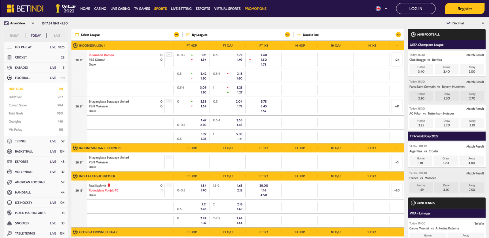 Betindi platform offers online betting on dozens of sports and popular tournaments