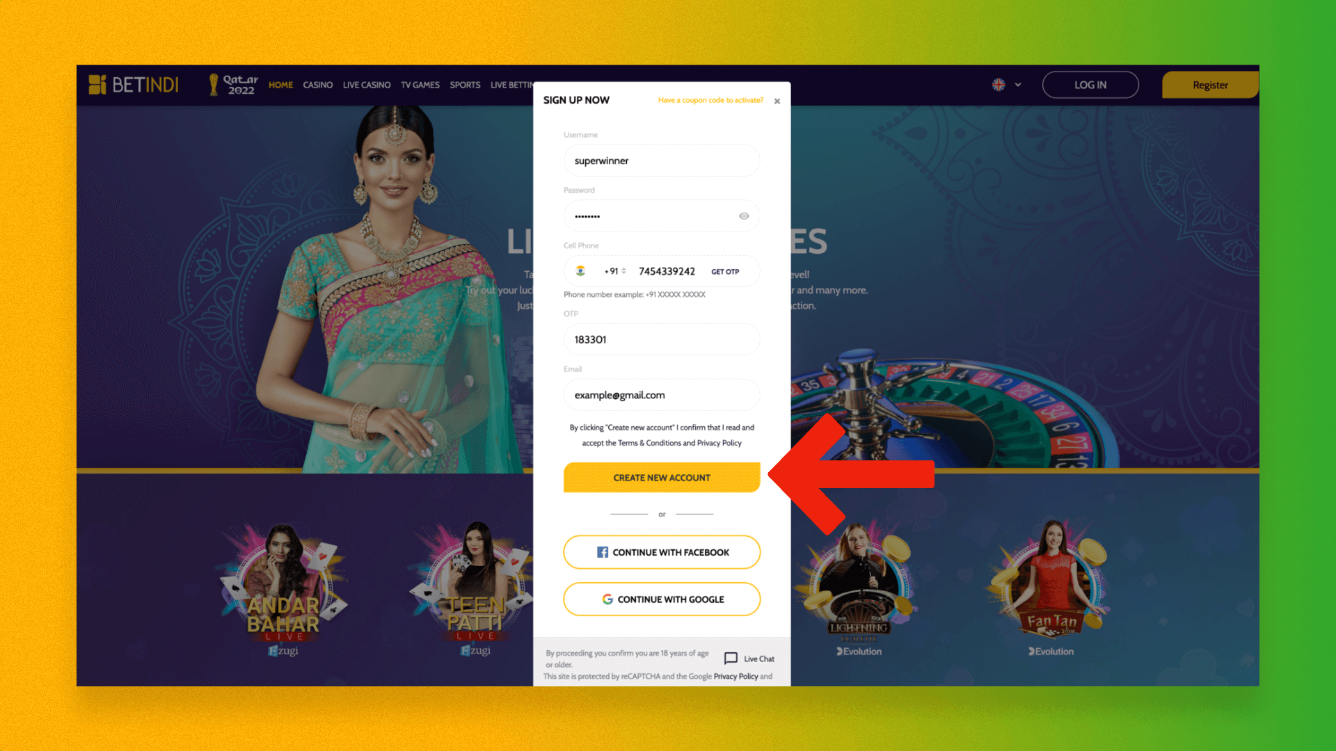 To complete registration on the Betindi platform, click on the corresponding button