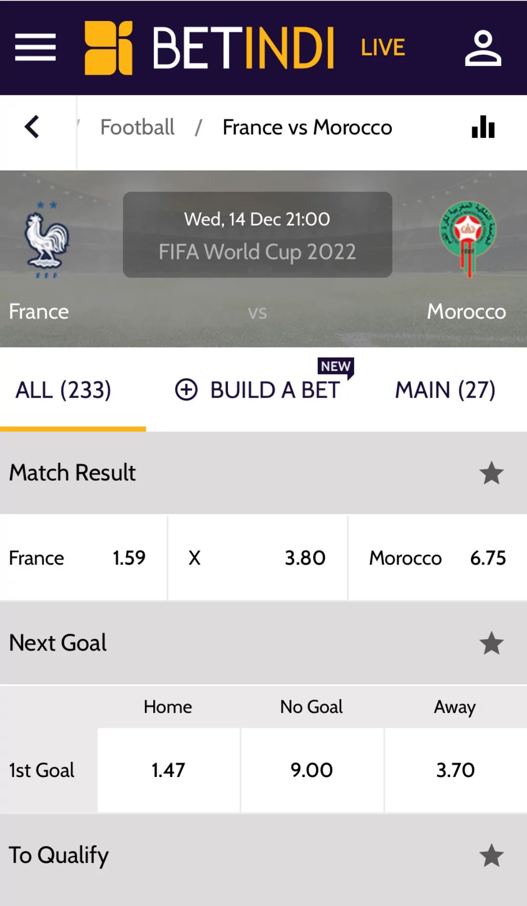 Betting and odds section in the Betindi mobile app