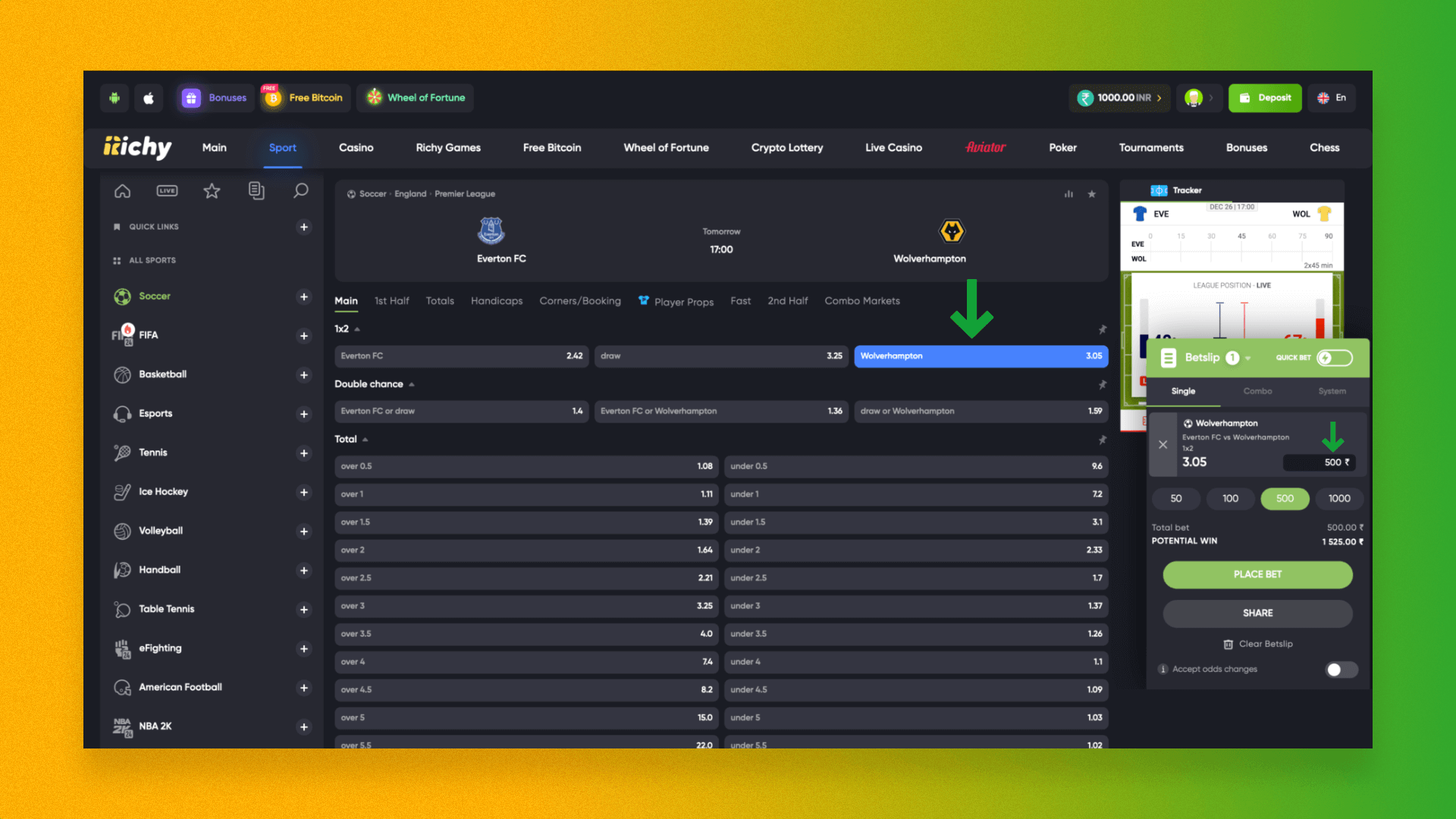 On the match odds page, select the type of bet and enter the amount you want to bet