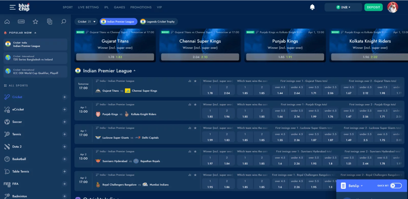 Indian users can bet on IPL matches on the Bluechip platform