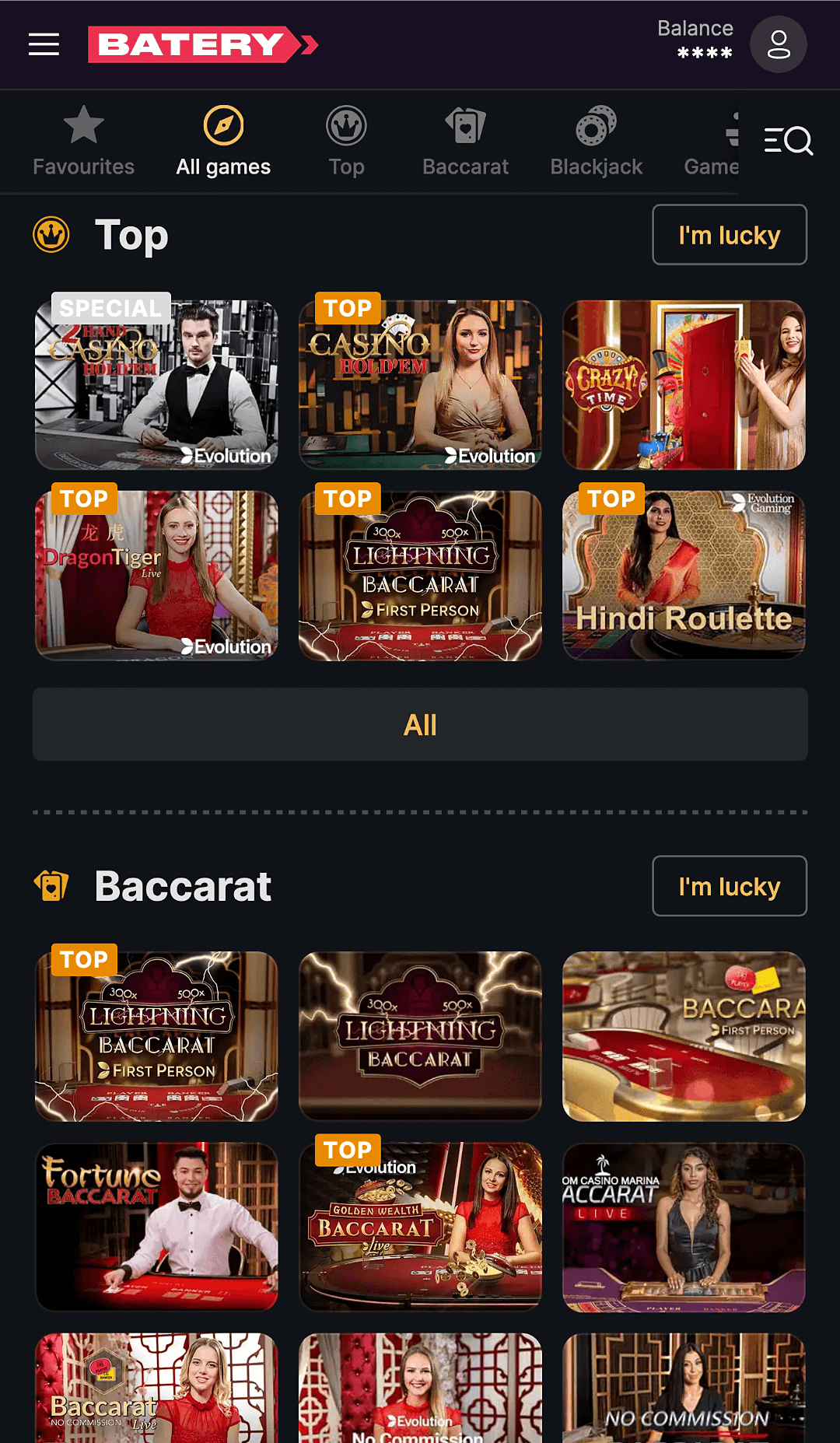 In the Batery mobile app, users have access to live games with live dealers