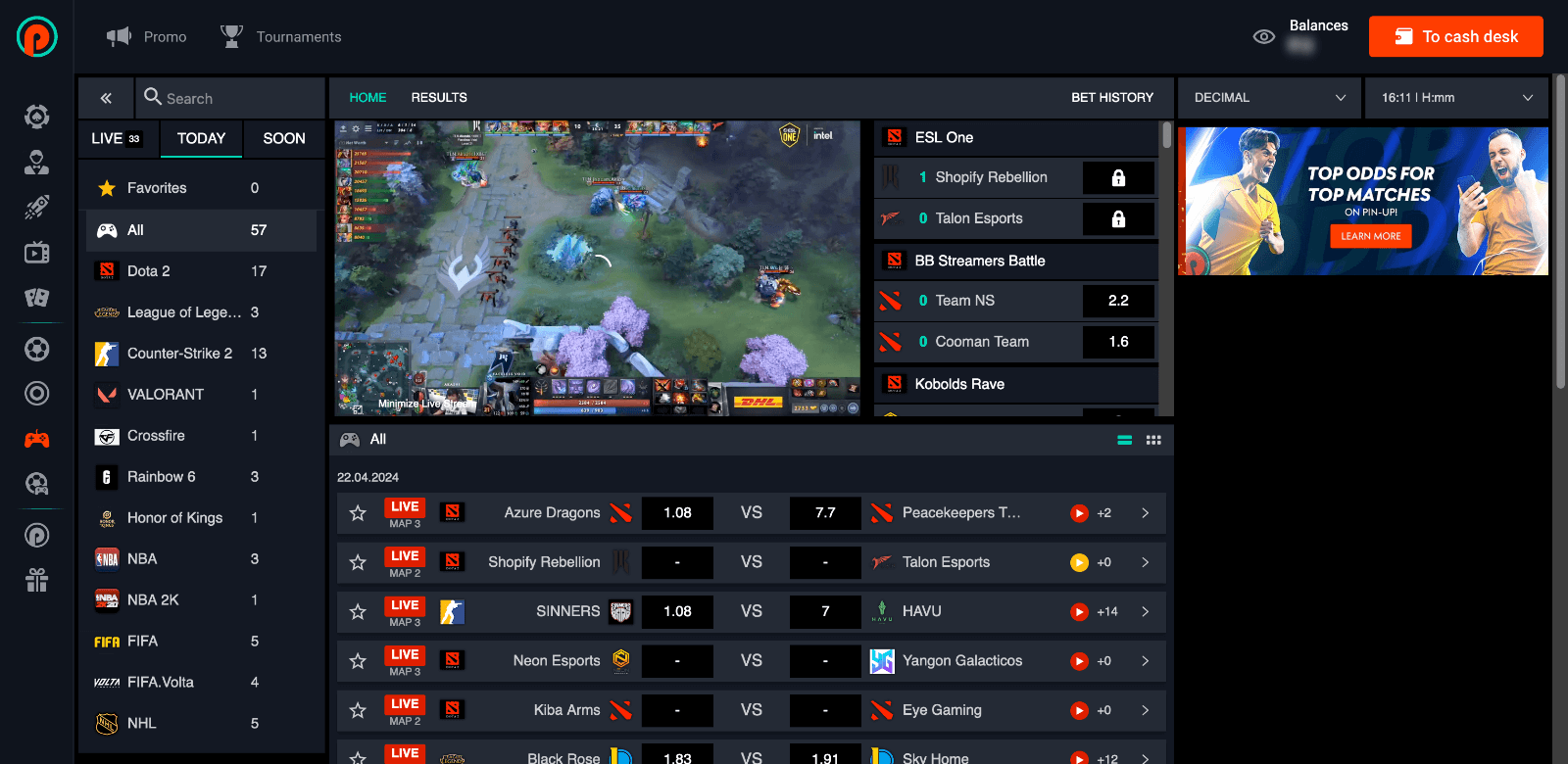 Pin Up website allows users from India to bet on cyber sports