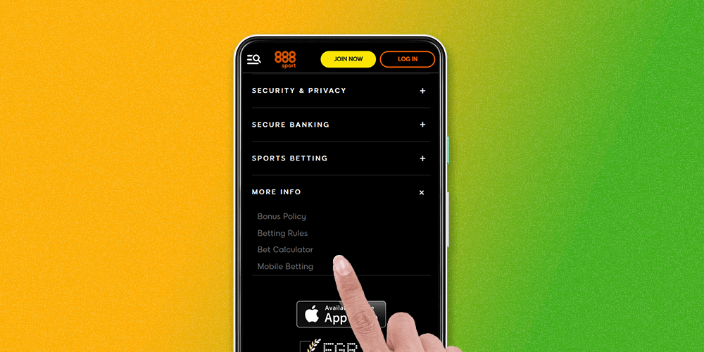 In the footer of the official 888sport website, find the button to download the app