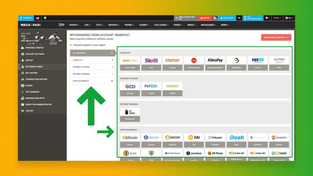 page with all available withdrawal methods in megapari