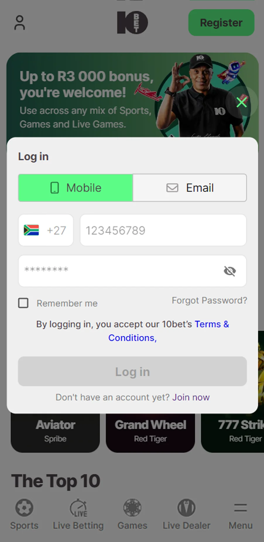 Registration page in 10bet app