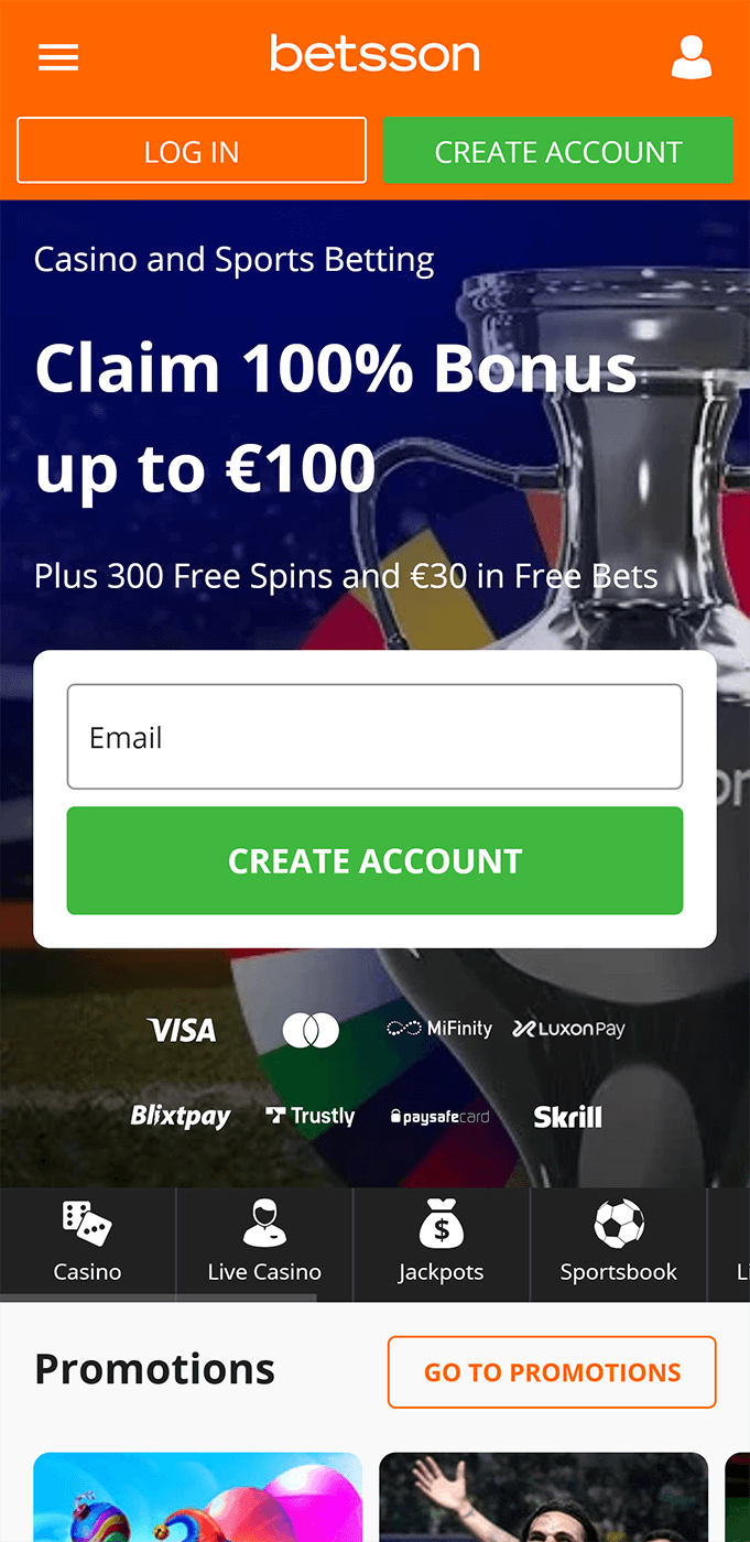 Betsson app home page