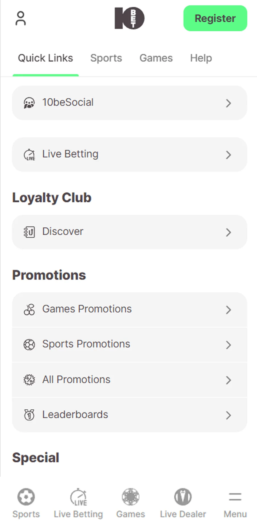 10bet mobile application menu