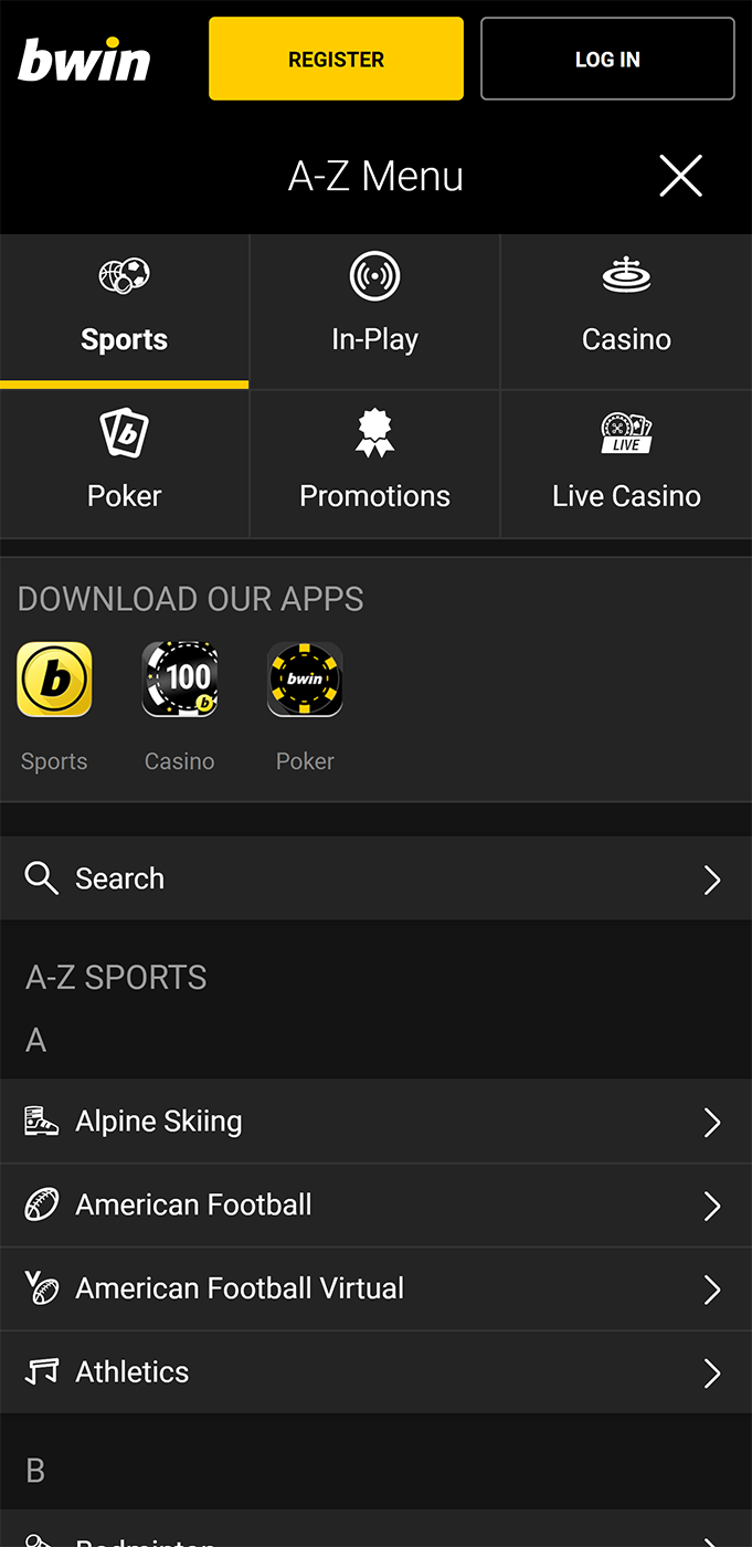 Bwin mobile app menu