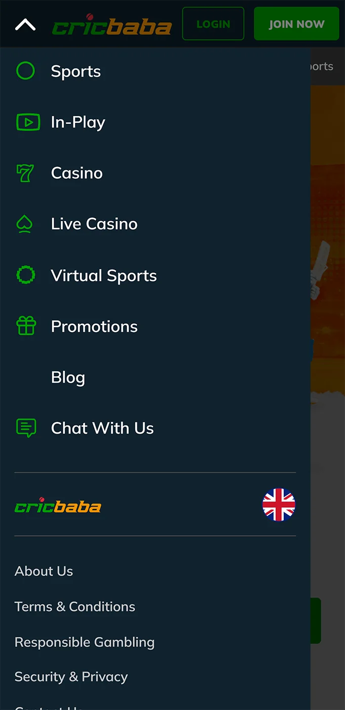 Cricbaba mobile app menu