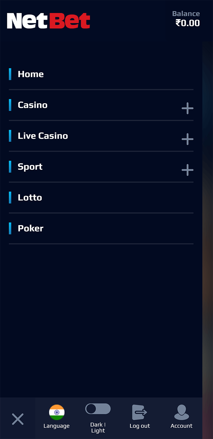 NetBet mobile app menu
