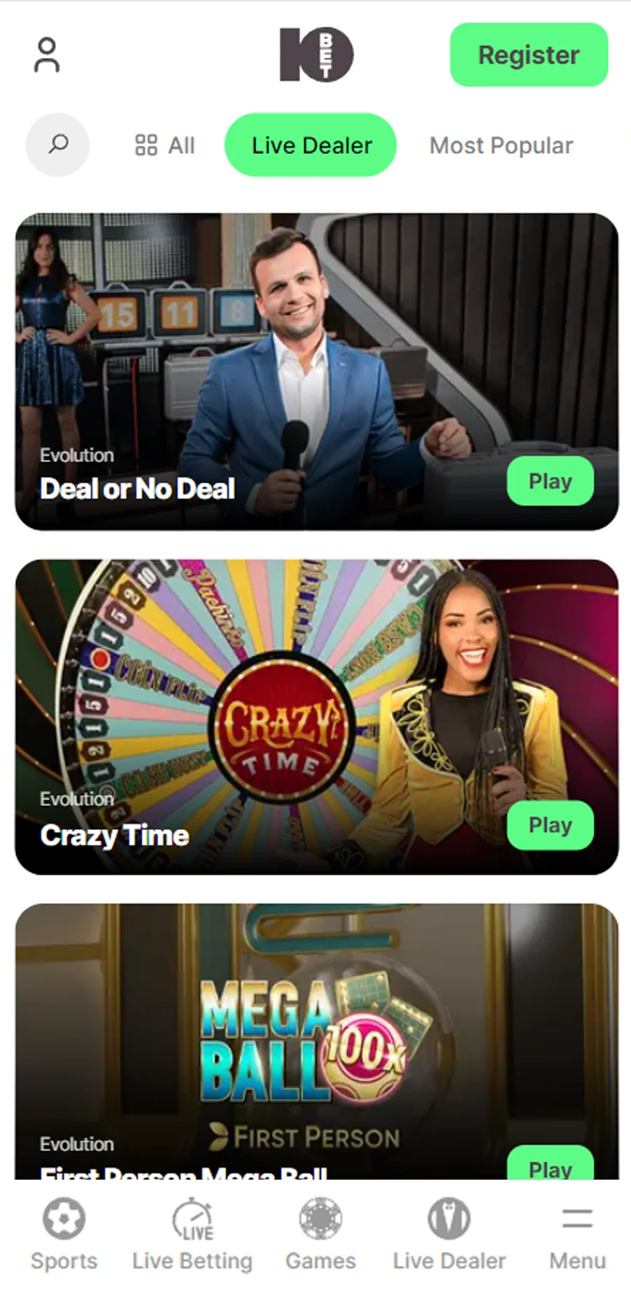 Live dealers section in 10bet app