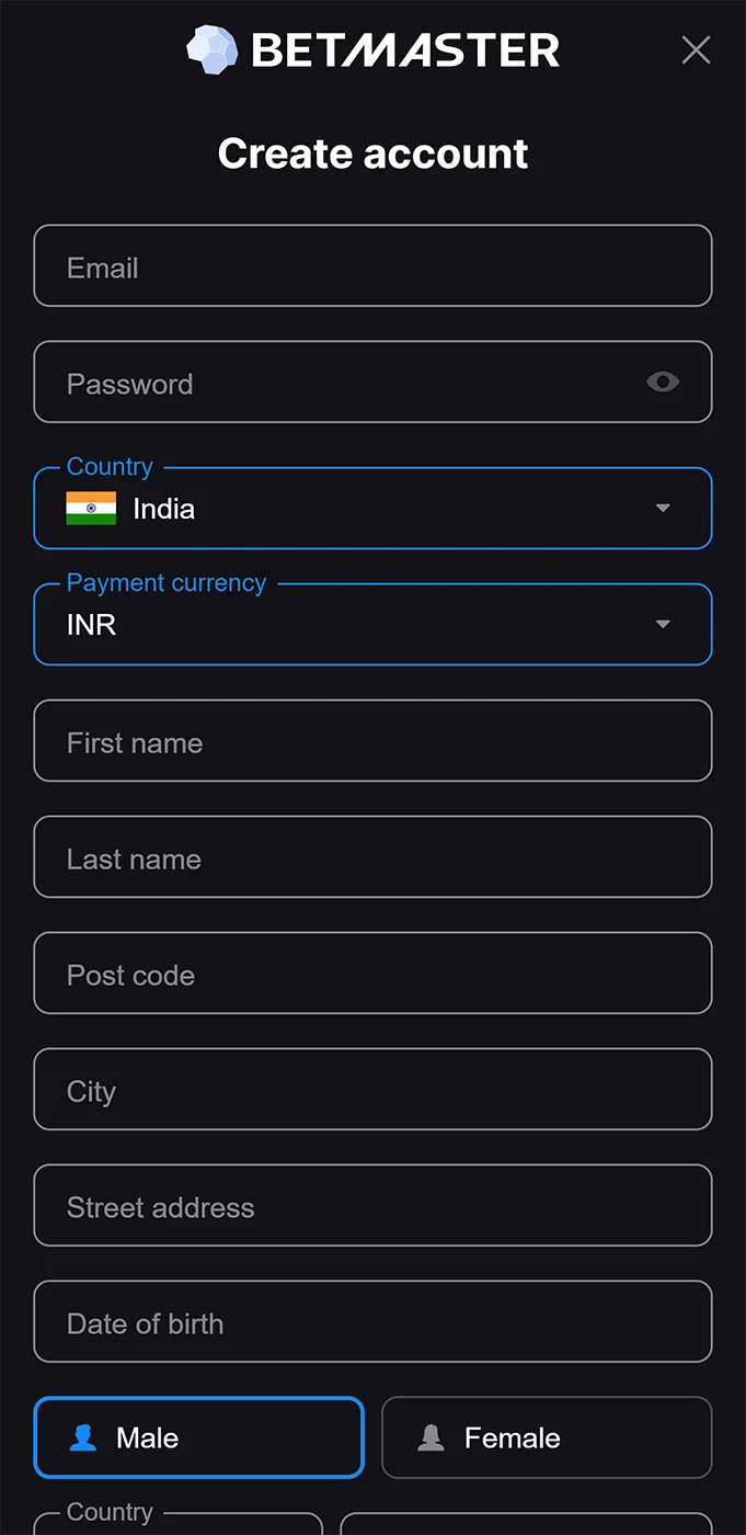 Betmaster application registration page