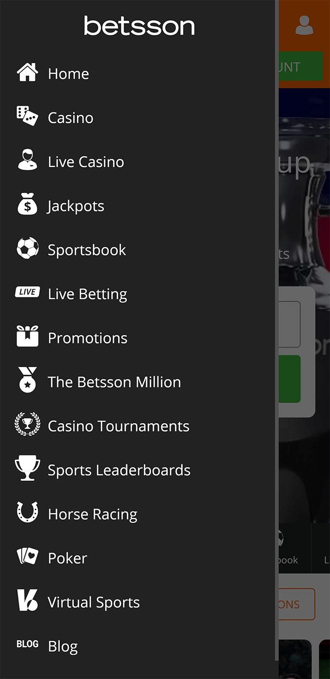 Betsson mobile app menu