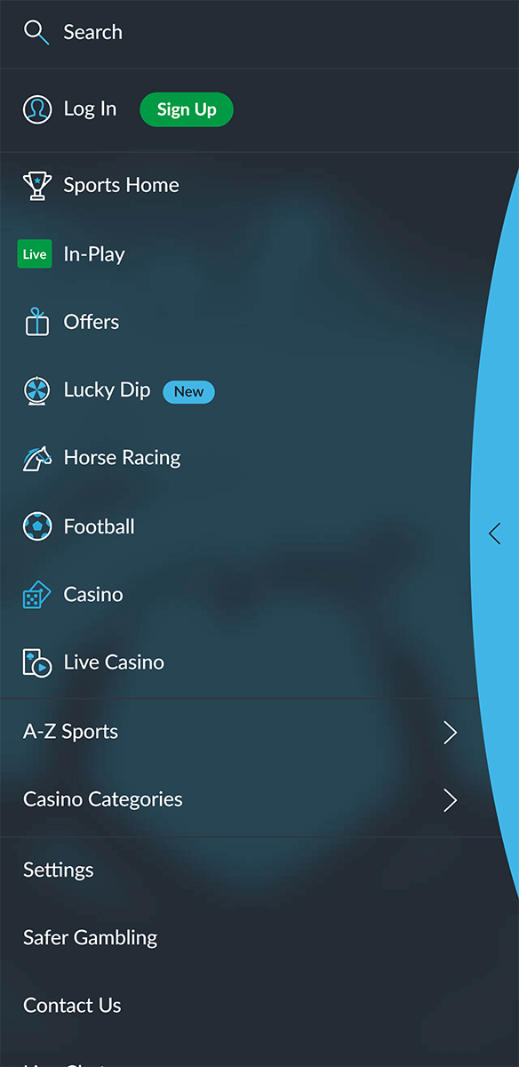 Betvictor mobile app menu