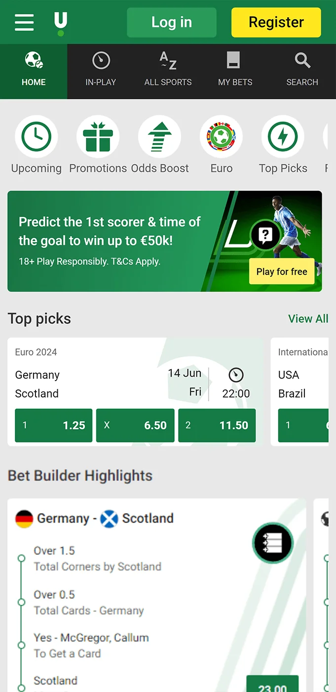Sports betting section on the Unibet App