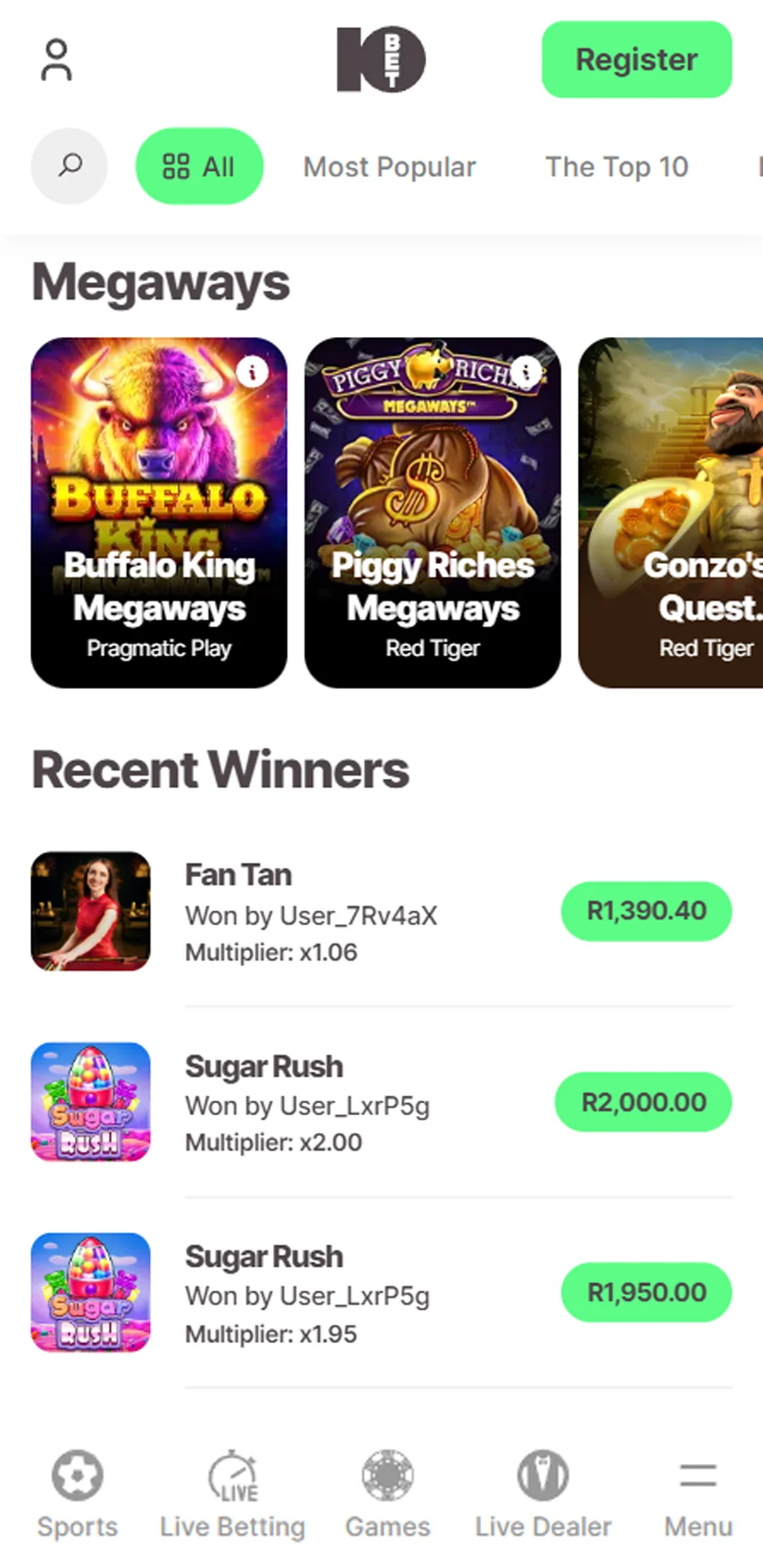 Home page in 10bet App