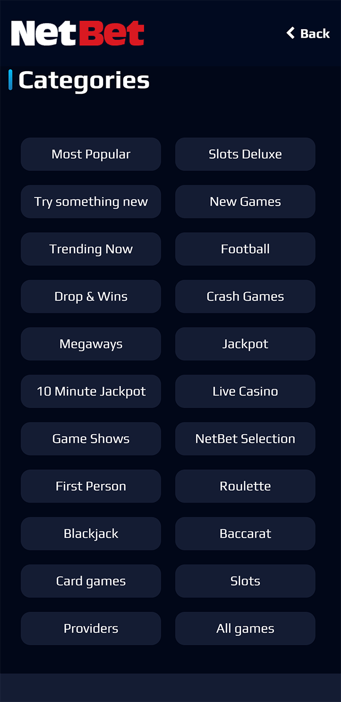 Gambling categories at NetBet Casino