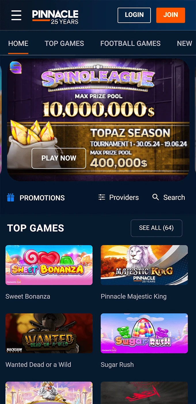 Casino section of the Pinnacle app