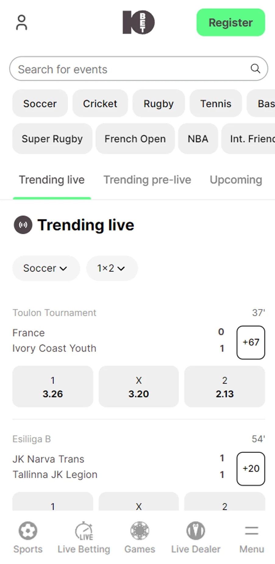 Sports betting section in 10bet app