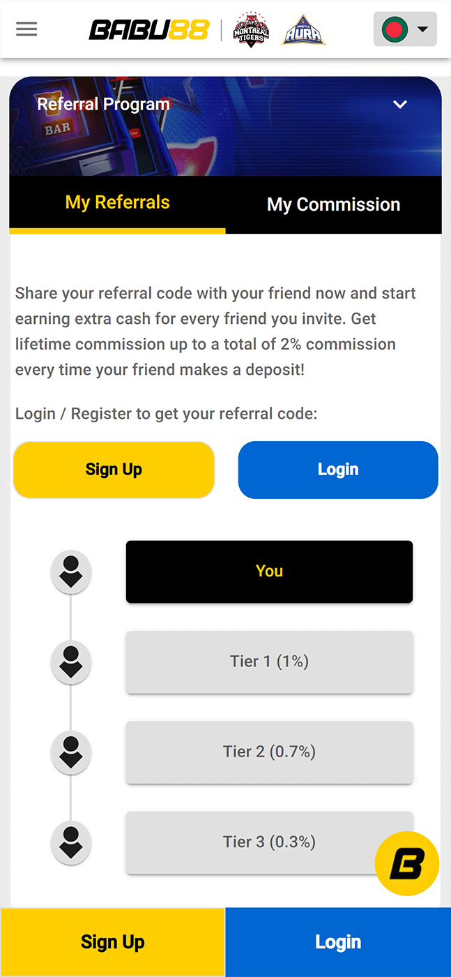 Babu88 referral program page in app