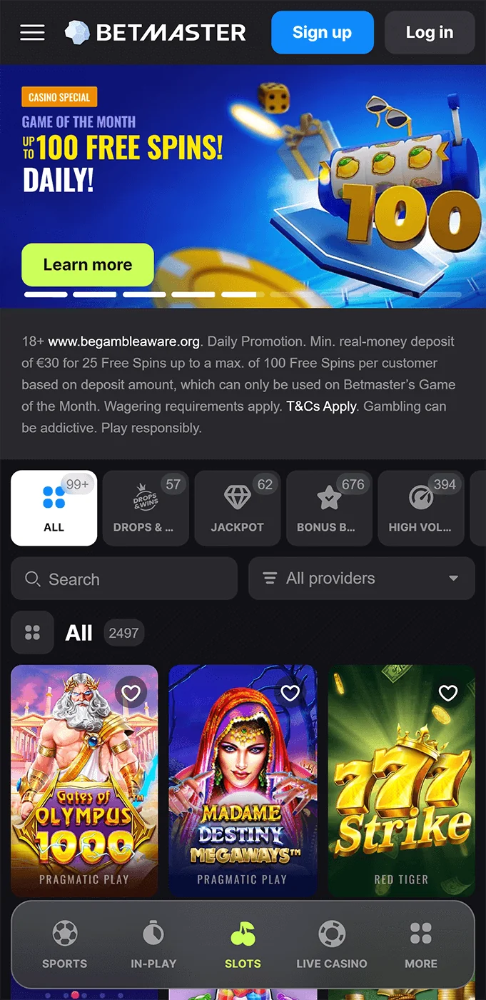 Casino section in the Betmaster app