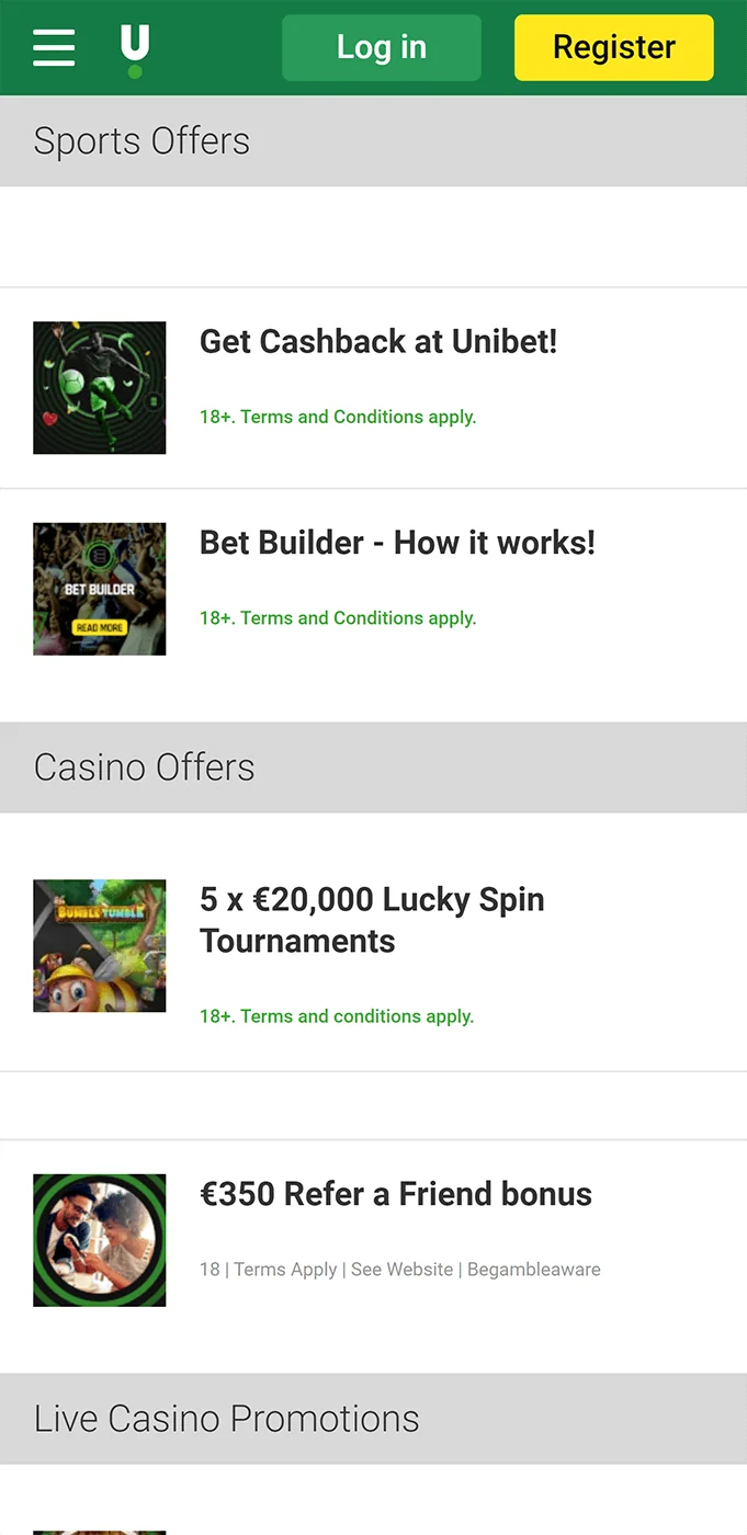Promotions section in the Unibet app