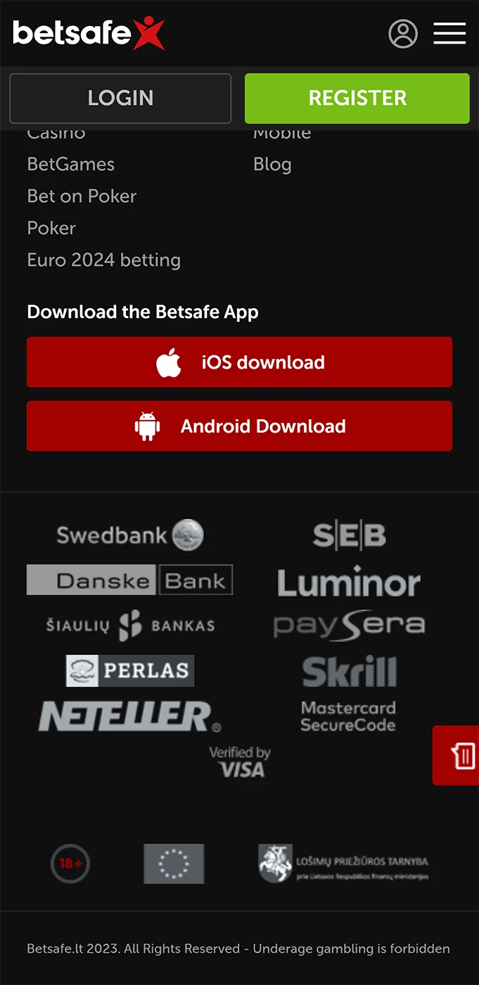 Footer of Betsafe mobile app
