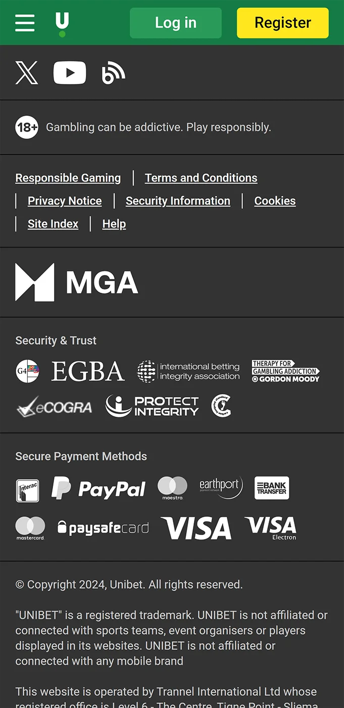 Footer of the Unibet mobile app
