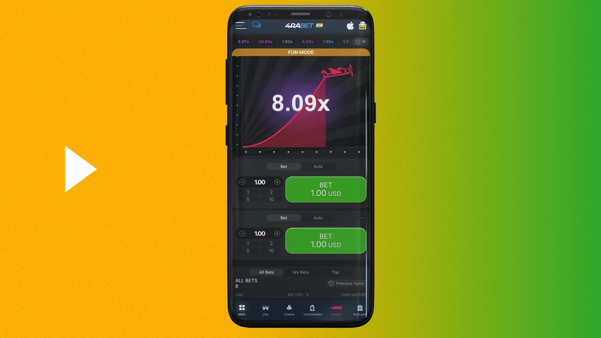 To download the 4rabet Aviator app players from India need to open the mobile version of the website