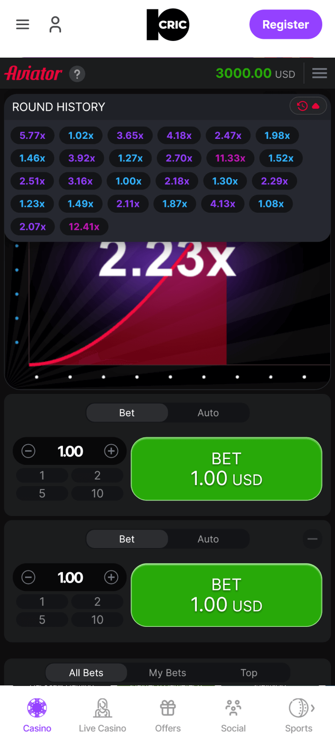 Round history in the 10cric Aviator app