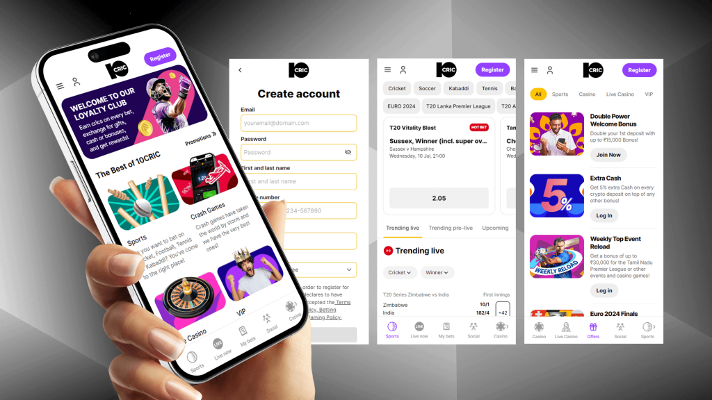 Screenshots of 10cric mobile application