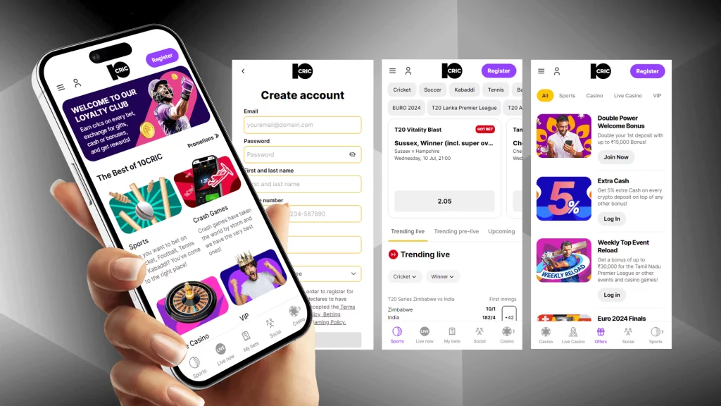 Screenshots of 10cric mobile application