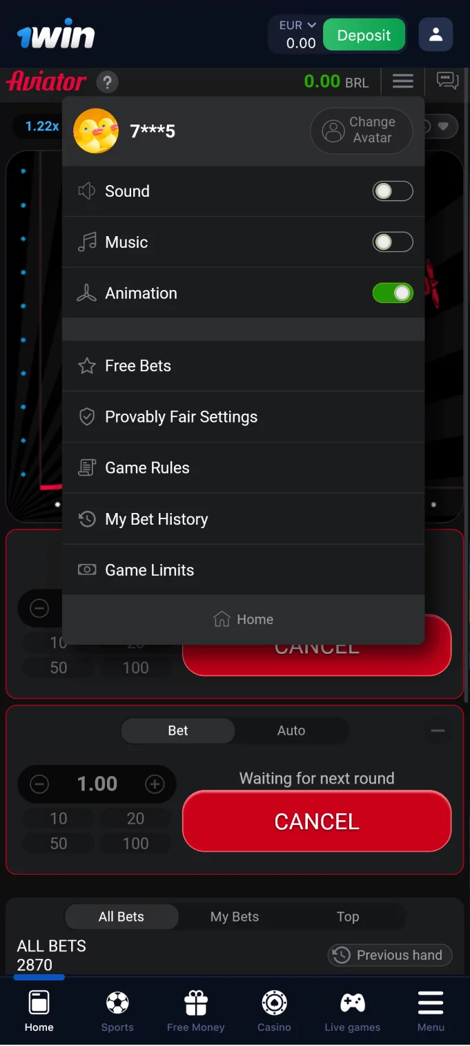 Screenshot of the menu in the 1win Aviator app