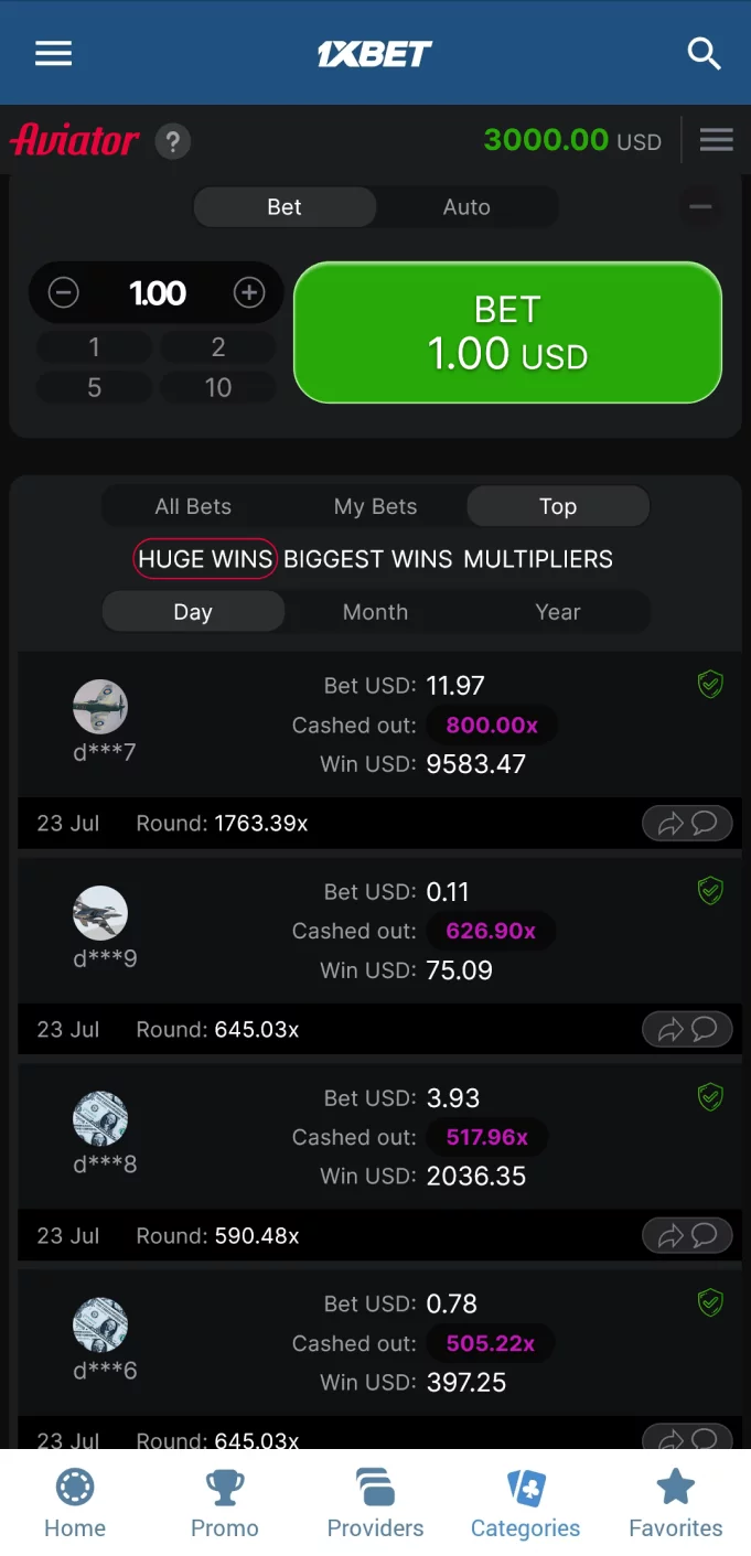 Screenshot of the biggest wins in the 1xbet Aviator app