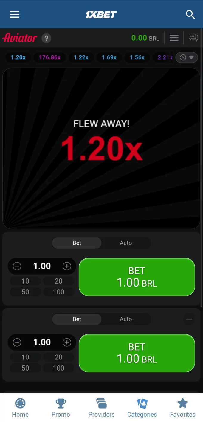 Screenshot of lost round in 1xbet Aviator app