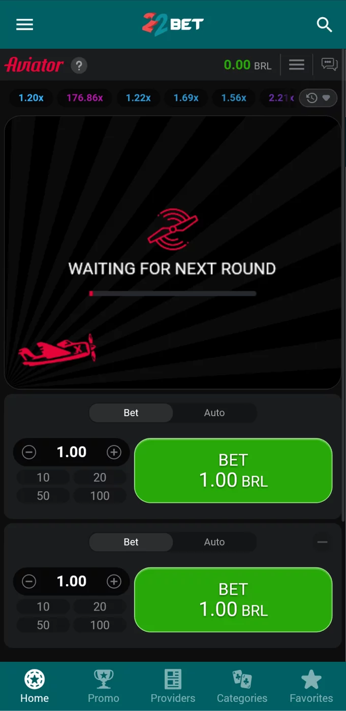 Screenshot of waiting for a new round in the 22bet Aviator app