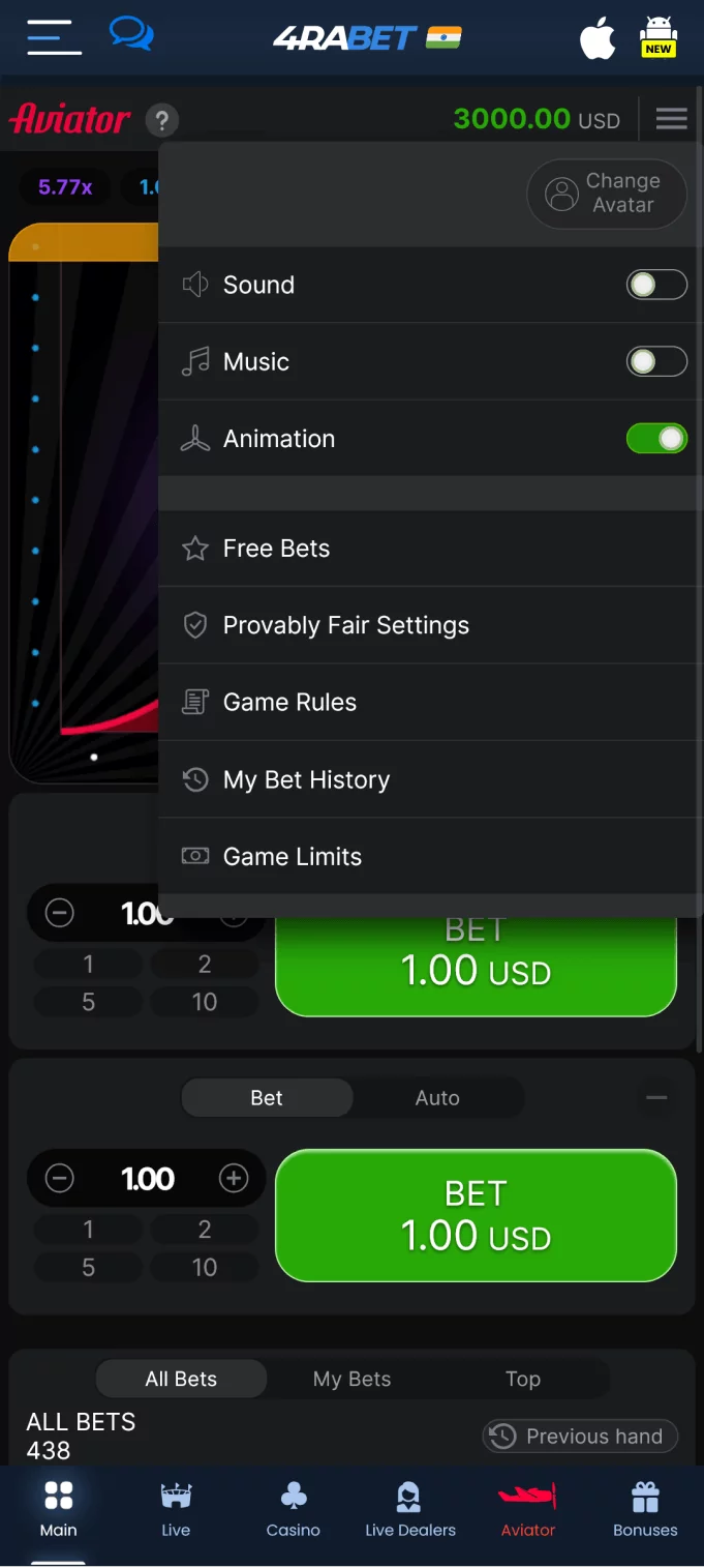Screenshot of the menu in the 4rabet Aviator app