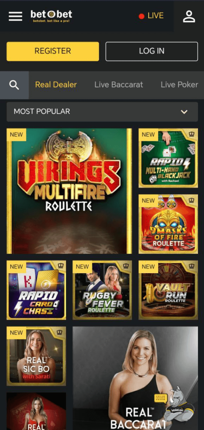 Screenshot of the real dealer games section of the Betobet app