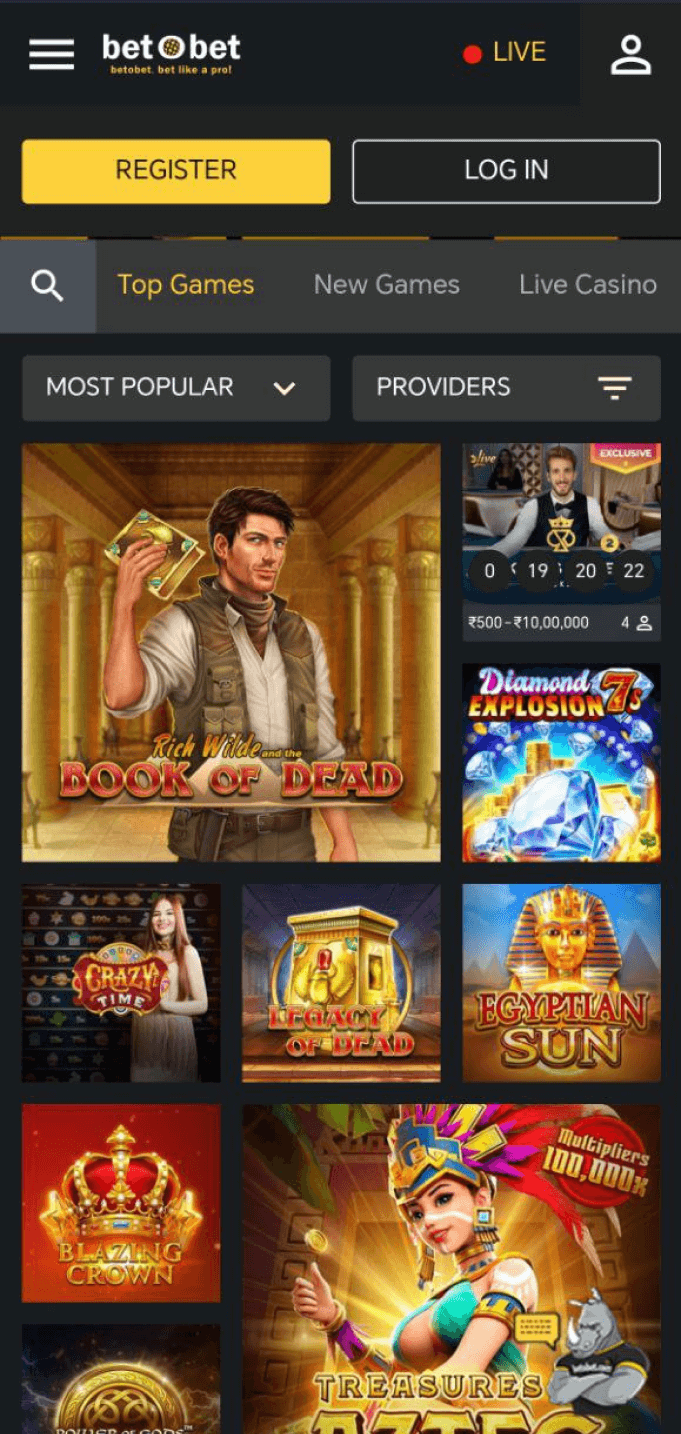 Screenshot of the top games section of the Betobet app