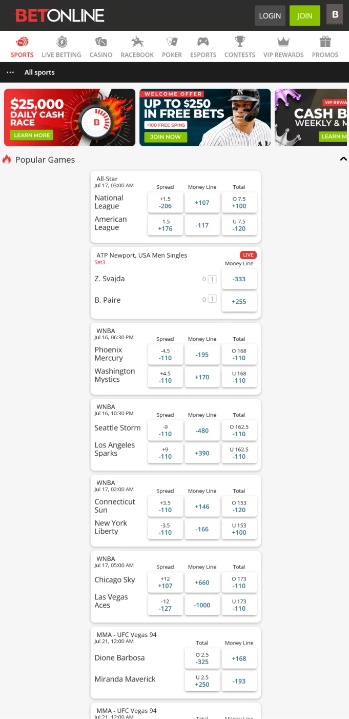 Screenshot of the sports section in the BetOnline app