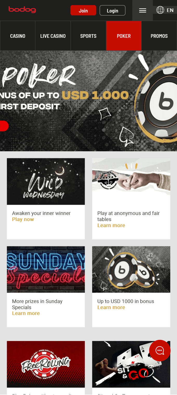 Screenshot of the poker section of the Bodog app