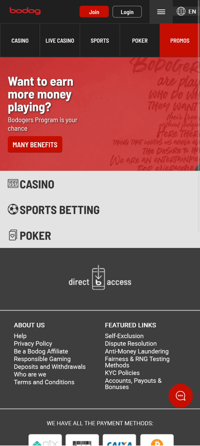 Screenshot of the bonus section in the Bodog app