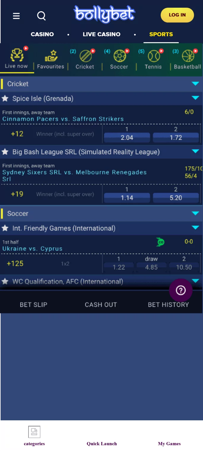 Screenshot of the sports section in the Bollybet app
