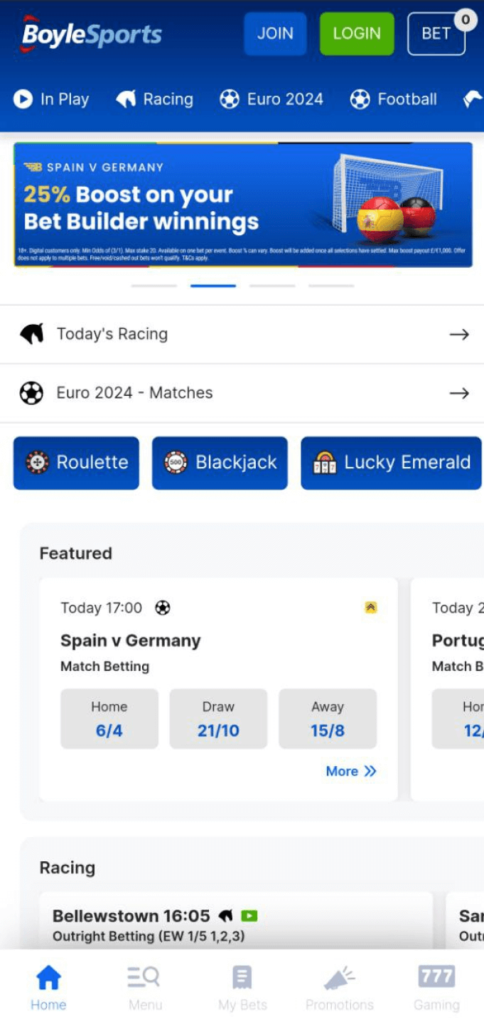 A screenshot of the Boylesports app homepage